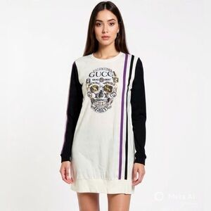 Designer Logos Graphic Skull Printed Long Sleeve‎ Dress Sz M (TXA939)